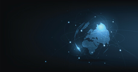 Global network technology background.World image on dark blue background.Communication technology for business.Futuristic globalization modern.3D vector illustration. - obrazy, fototapety, plakaty