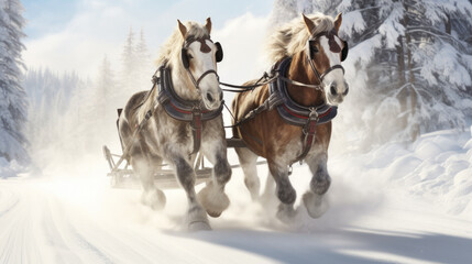 Fototapeta na wymiar Portrait of a team of coldblood draft horses pushing a sleigh in front of a snowy winter mountain landscape