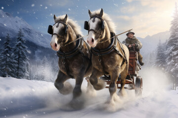 Portrait of a team of coldblood draft horses pushing a sleigh in front of a snowy winter mountain landscape