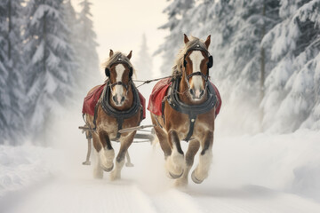 Portrait of a team of coldblood draft horses pushing a sleigh in front of a snowy winter mountain landscape - obrazy, fototapety, plakaty