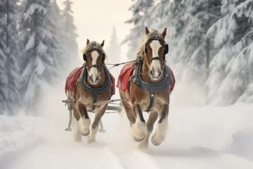 Fotobehang Portrait of a team of coldblood draft horses pushing a sleigh in front of a snowy winter mountain landscape © Olga