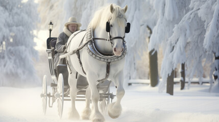 Portrait of a team of coldblood draft horses pushing a sleigh in front of a snowy winter mountain landscape
