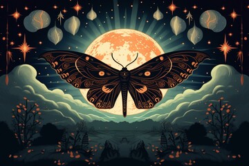 Silhouette of celestial moth amidst mystical fungus, stars, celestial elements & inspiration phrase: always find the light. Boho celestial luna theme print. Generative AI