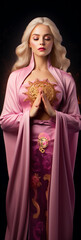 Blonde schöne Frau in rosa Seidenkleid betet