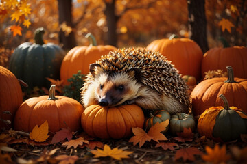 An hedgehog between big pumpkins sleeping,