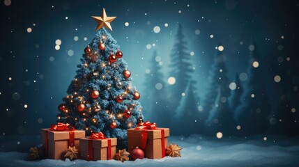 Obraz premium decorated Christmas tree with blurred snowfall background.