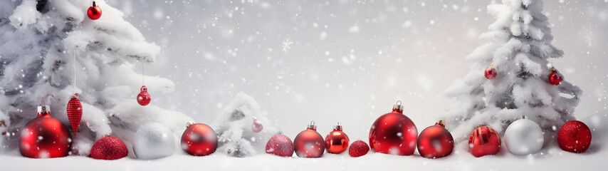 Red Christmas balls in a row with white trees covered with snow and snowfall on abstract background in winter. Horizontal composition.