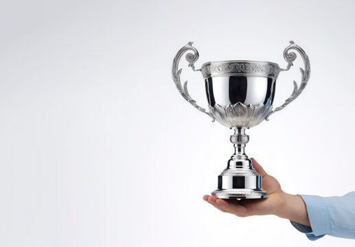 hand holding silver trophy cup isolated in white background with copy space