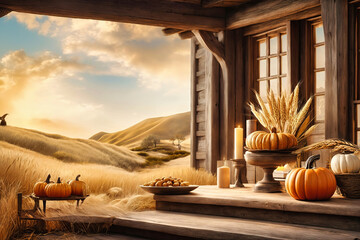 Autumn and Thanksgiving themed empty display stand  - obrazy, fototapety, plakaty