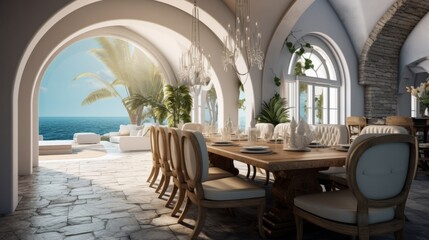 Photo of a stunning ocean view from a beautifully set dining room table