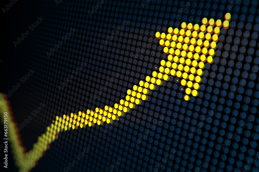 Aufkleber creative yellow pixel upward arrow on dark backdrop. growth, success business and up concept. 3d ren