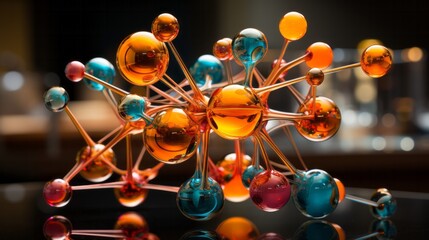 Künstlerische Darstellung eines Atommodells in den Farben orange und blau
