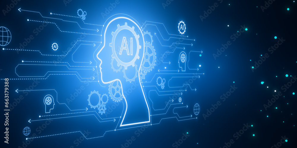 Poster creative ai head outline hologram with circuit on blurry blue backdrop. 3d rendering.