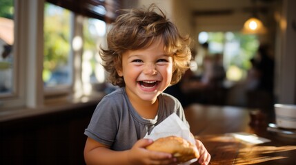 Lachendes dunkelblondes Kind mit grauem T-Shirt, hält ein kleines Brot in der Hand und steht in einem gut beleuchtetem Café - obrazy, fototapety, plakaty