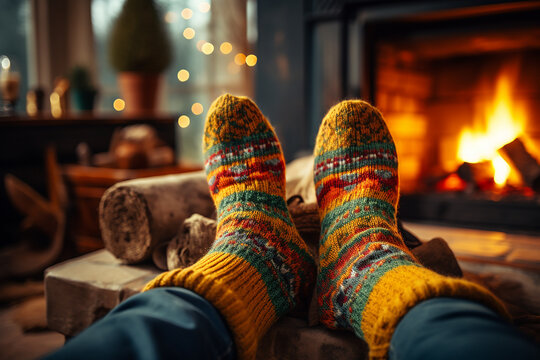 Generative AI Image of a Person Feet Wearing Socks Near Fireplace in Winter
