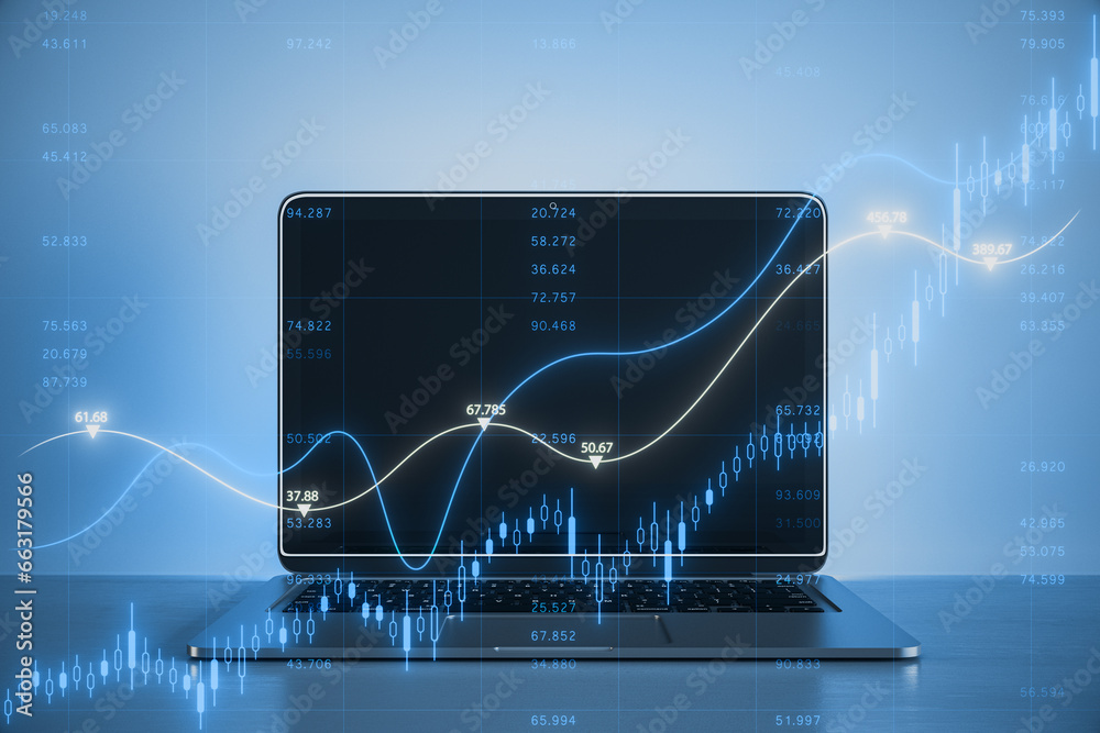 Poster close up of laptop on desktop with growing blue forex chart and index on blurry background. trade an