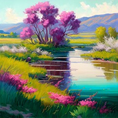 landscape with flowers and lake