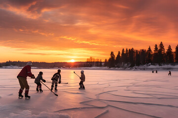 Group of children playing ice hockey on frozen lake in winter surrounded by forests and sunset in the background. - obrazy, fototapety, plakaty