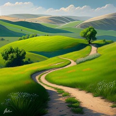 landscape with green field and blue sky