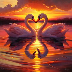 two swans in sunset