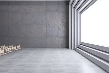Clean cinema interior with mock up place on white screen and gray flooring. 3D Rendering.
