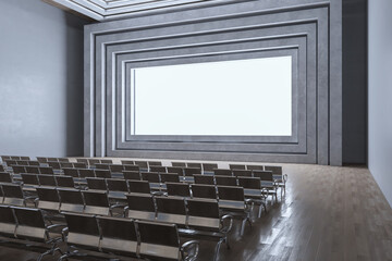 Contemporary cinema interior with mock up place on white screen and seats. 3D Rendering.