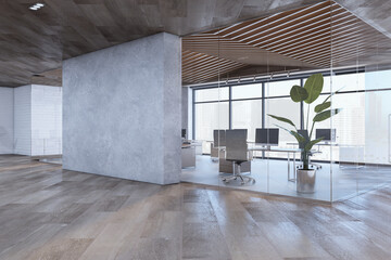 Modern concrete and wooden glass office interior with blank mock up place on wall, various objects and furniture, window with city view and daylight. 3D Rendering.