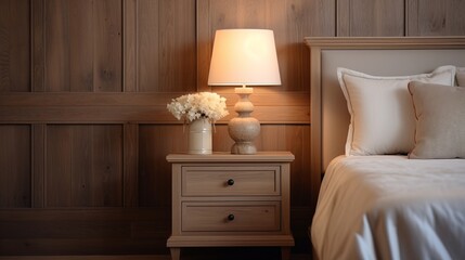 Photo of a cozy bedroom with a beautifully made bed and fresh flowers on the nightstand