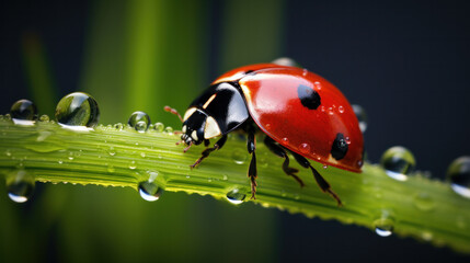 Fototapeta premium Macro photo of Ladybug in the green grass. Macro bugs and insects world. Nature in spring concept.