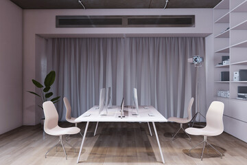 Contemporary office interior with furniture, curtain and wooden flooring. 3D Rendering.