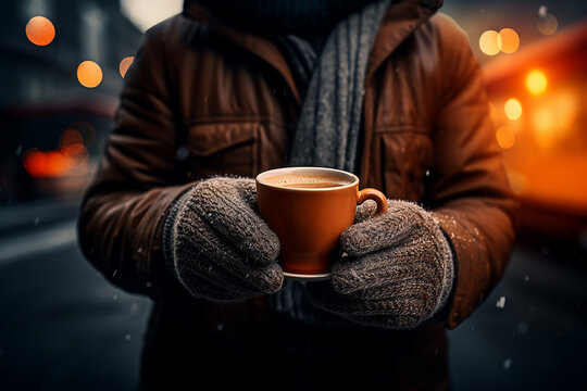 Generative AI Image of Hands Wearing Gloves in Winter with Holding a Cup of Coffee