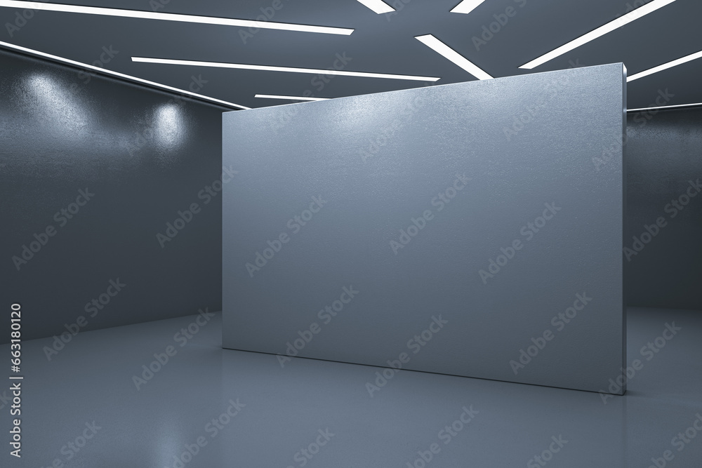 Poster clean exhibition hall interior with empty mock up place on gray wall. 3d rendering.