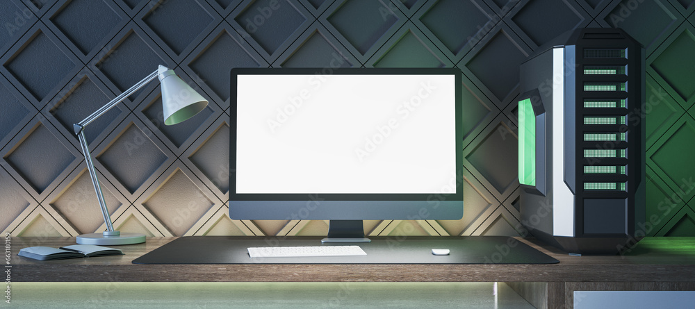 Poster Creative gamers desktop with empty white computer display, lamp and system unit on decorative black wall background. Gaming concept. Mock up, 3D Rendering.