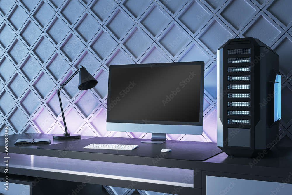 Aufkleber Creative gamers desktop with empty computer screen, lamp and system unit on decorative blue wall backdrop. Gaming concept. Mock up, 3D Rendering.