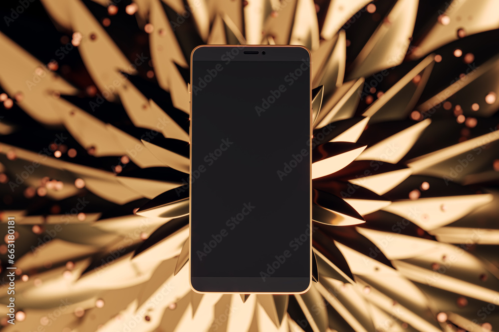 Aufkleber Close up of empty mock up smartphone on abstract golden flower background. Presentation concept. 3D Rendering.