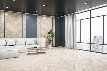 Contemporary wooden living room interior with sofa, panoramic window, city view and curtain, coffee table and decorative plants. 3D Rendering.