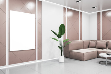 Modern tile living room interior with empty white mock up banner, couch, coffee table and decorative plants. 3D Rendering.
