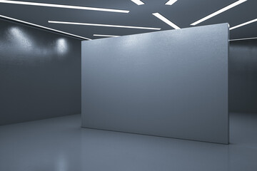 Clean exhibition hall interior with empty mock up place on gray wall. 3D Rendering.