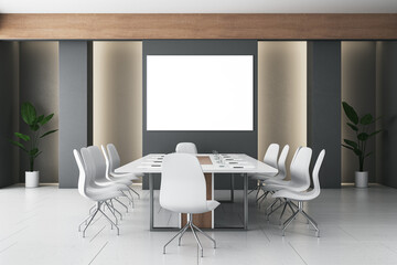 Modern meeting room interior with empty white mock up banner, furniture and concrete flooring. 3D Rendering.