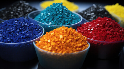 several dyed plastic polymer granulates in laboratory - obrazy, fototapety, plakaty