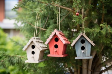 a trio of birdhouses on a tree