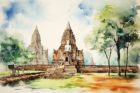 Watercolor style impressionist painting of ancient ruins in Sukhothai World Heritage Site. Generative AI