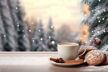Generative AI Image of Winter Background with a Cup of Coffee and Cookies on Table - obrazy, fototapety, plakaty