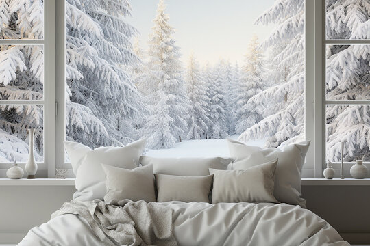 Generative AI Image of Window in Bedroom with View of Snowy Pine Trees
