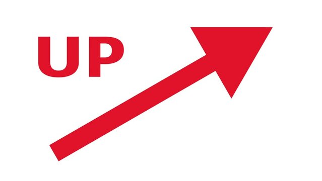 UP：上向きに伸びる赤い矢印（白背景）