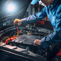 A technician repairing car engine in night with his equipment.A flair in the image to provide light in the night