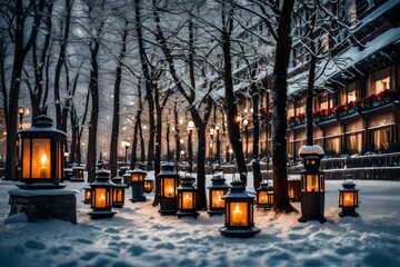 street in winter decorated with lanterns