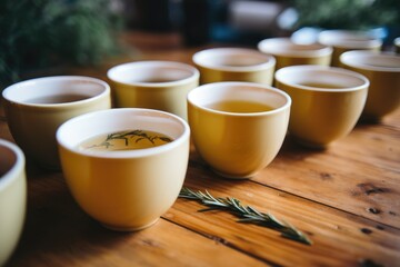 several herbal tea cups on a table, implicating calm breathing