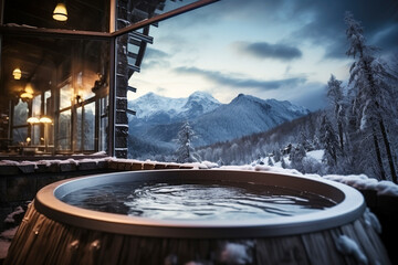 hot thermal Jacuzzi bath in spa hotel in nature with a view of the mountains and the forest in...