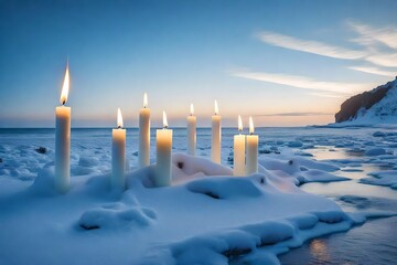 candles in the snow near sea shore